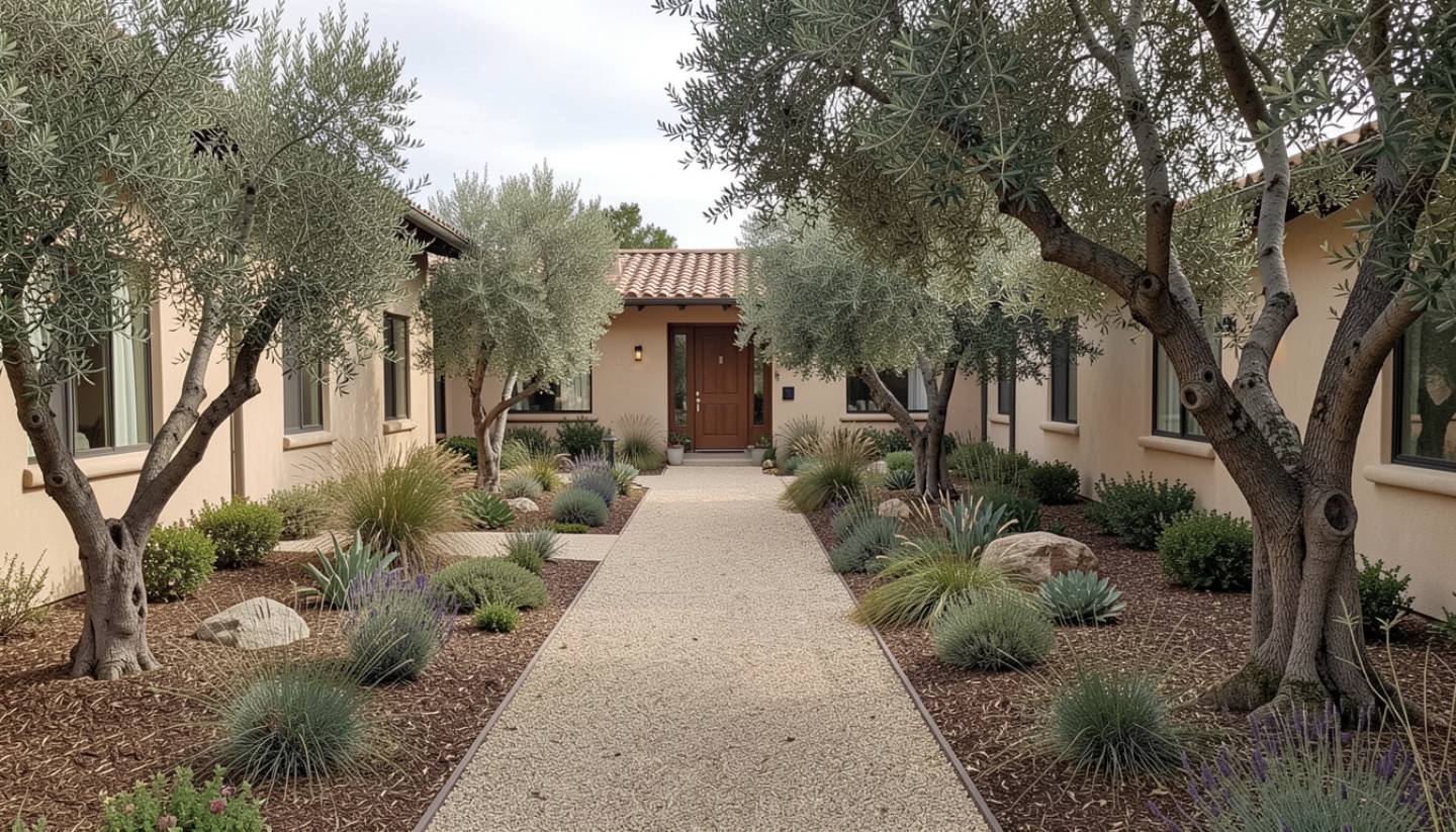 A serene garden courtyard at a quiet Napa Valley hotel featuring gravel paths, native plants, and shaded seating, reflecting a slow paced wellness retreat experience for visitors coming from Marin County.
