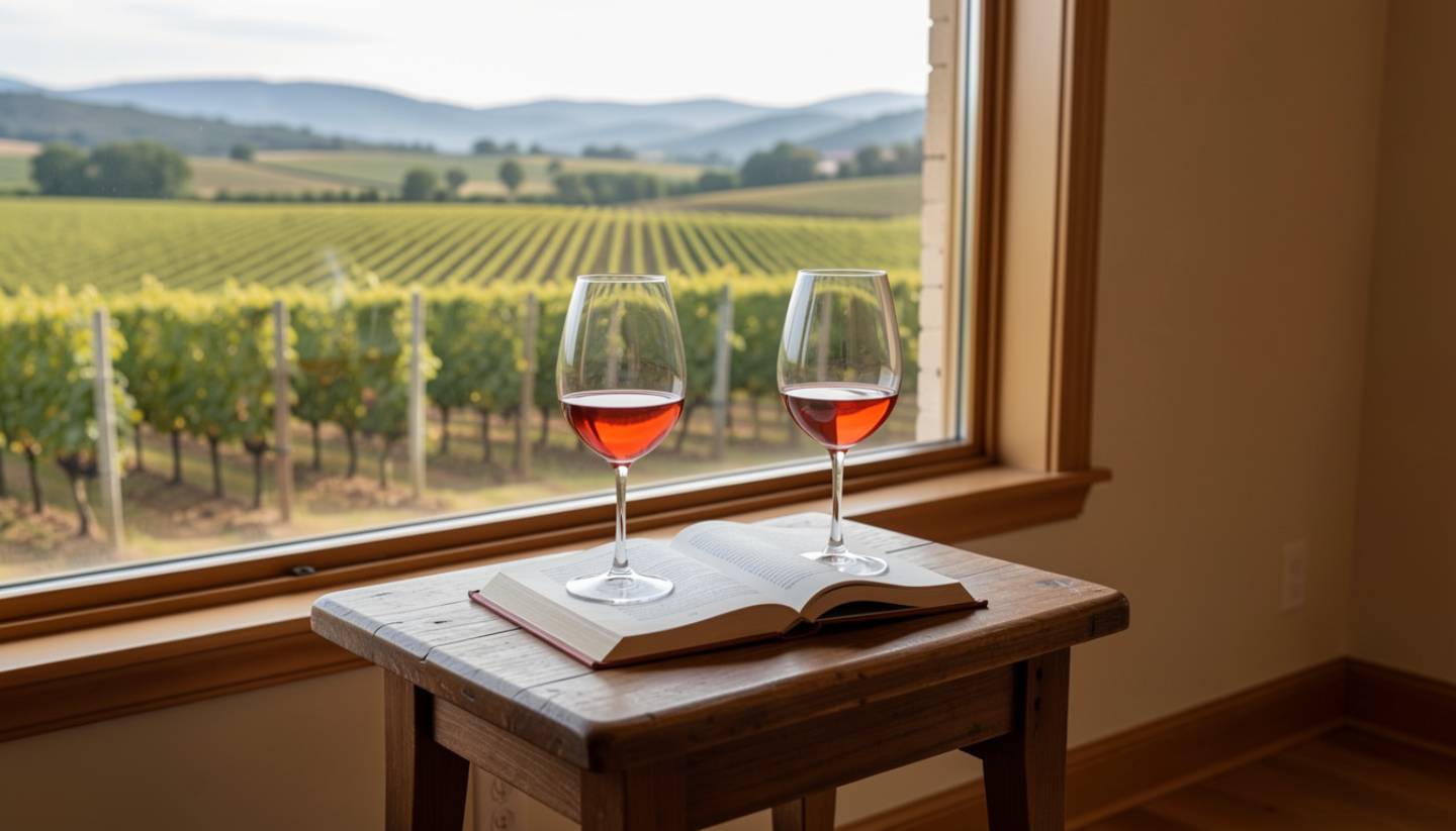 A quiet winery tasting room in Napa Valley with wine glasses and a book on a table, overlooking vineyard rows through a large window.