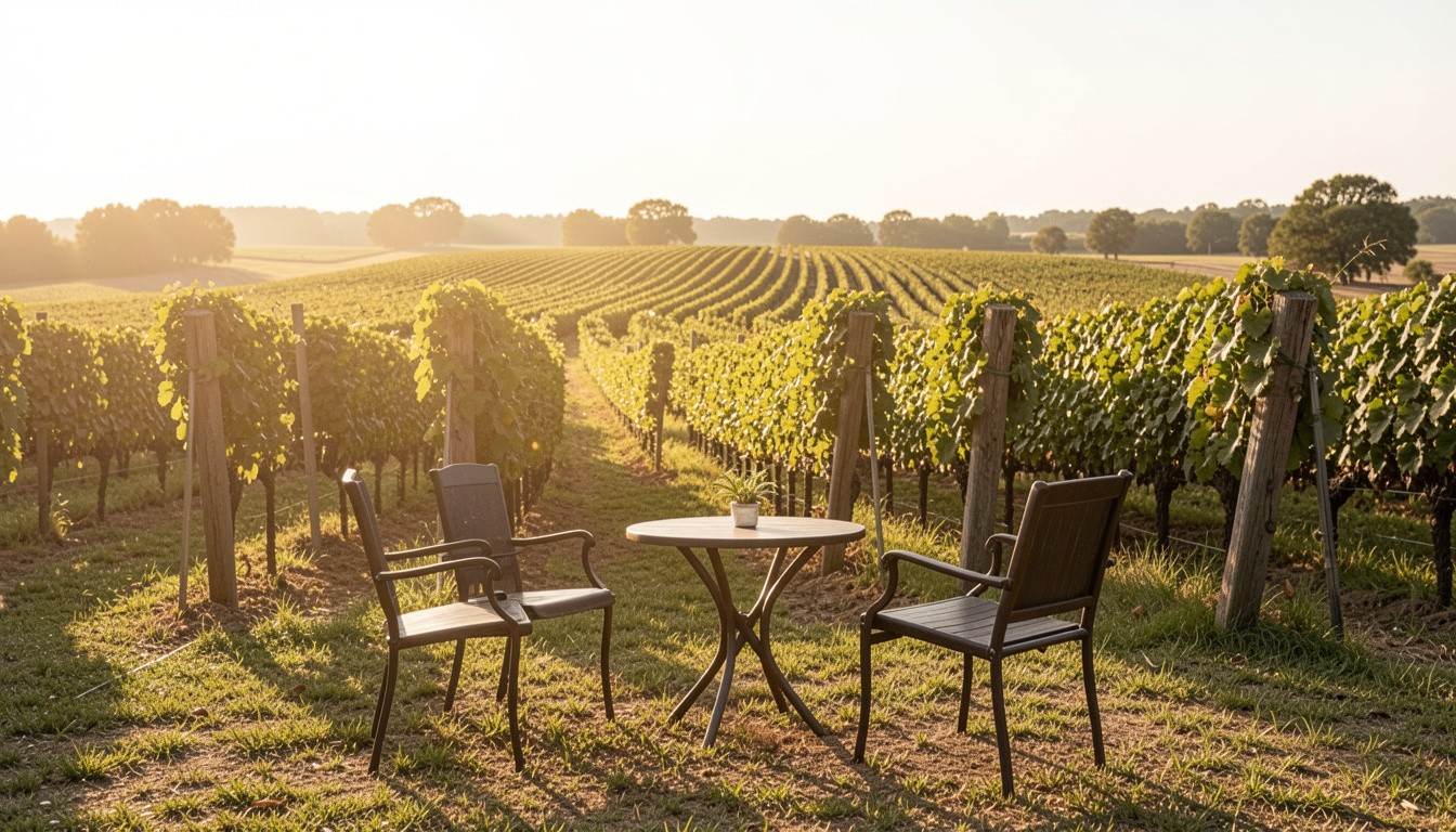 Outdoor winery seating in Napa Valley overlooking vineyard rows, emphasizing ease and comfort for people starting to travel again.