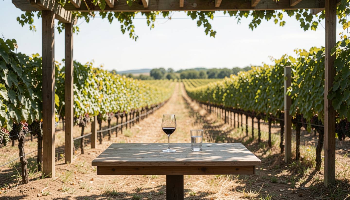 Outdoor winery table in Napa Valley facing vineyard rows, emphasizing stillness and a low stimulation experience for burnout recovery.