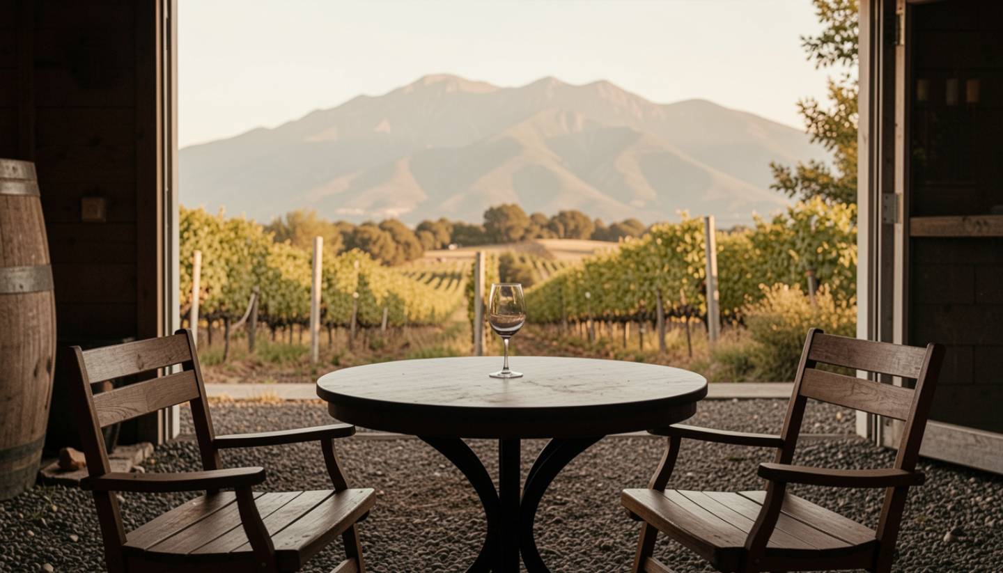 Empty outdoor winery table in Napa Valley with vineyard and mountain views, emphasizing stillness and reflection during a slower visit.