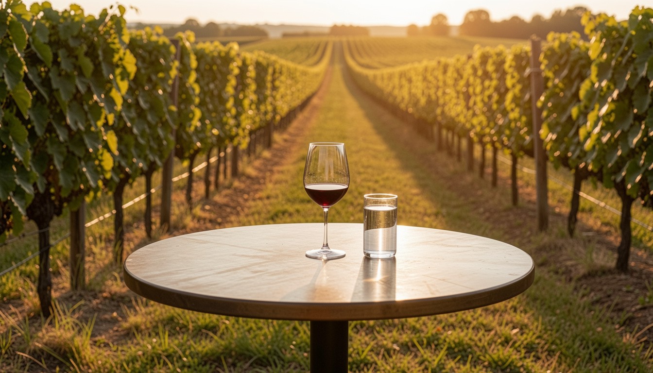 Outdoor winery table in Napa Valley facing vineyard rows, symbolizing a quiet pause and decompression after completing a major work project.
