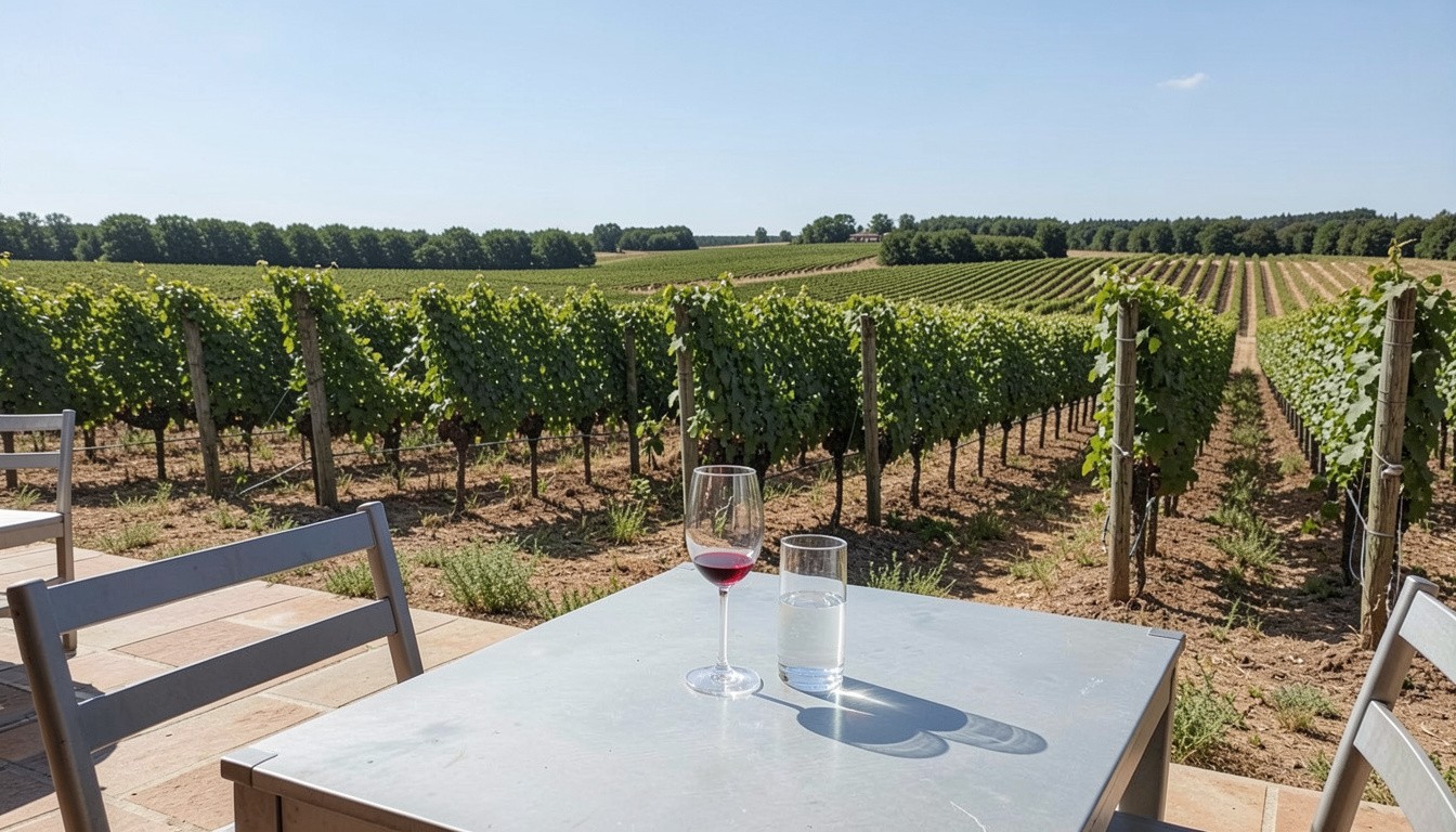 Outdoor winery terrace in Napa Valley with a single wine glass and vineyard view, emphasizing a gentle and intentional celebration of a health win.