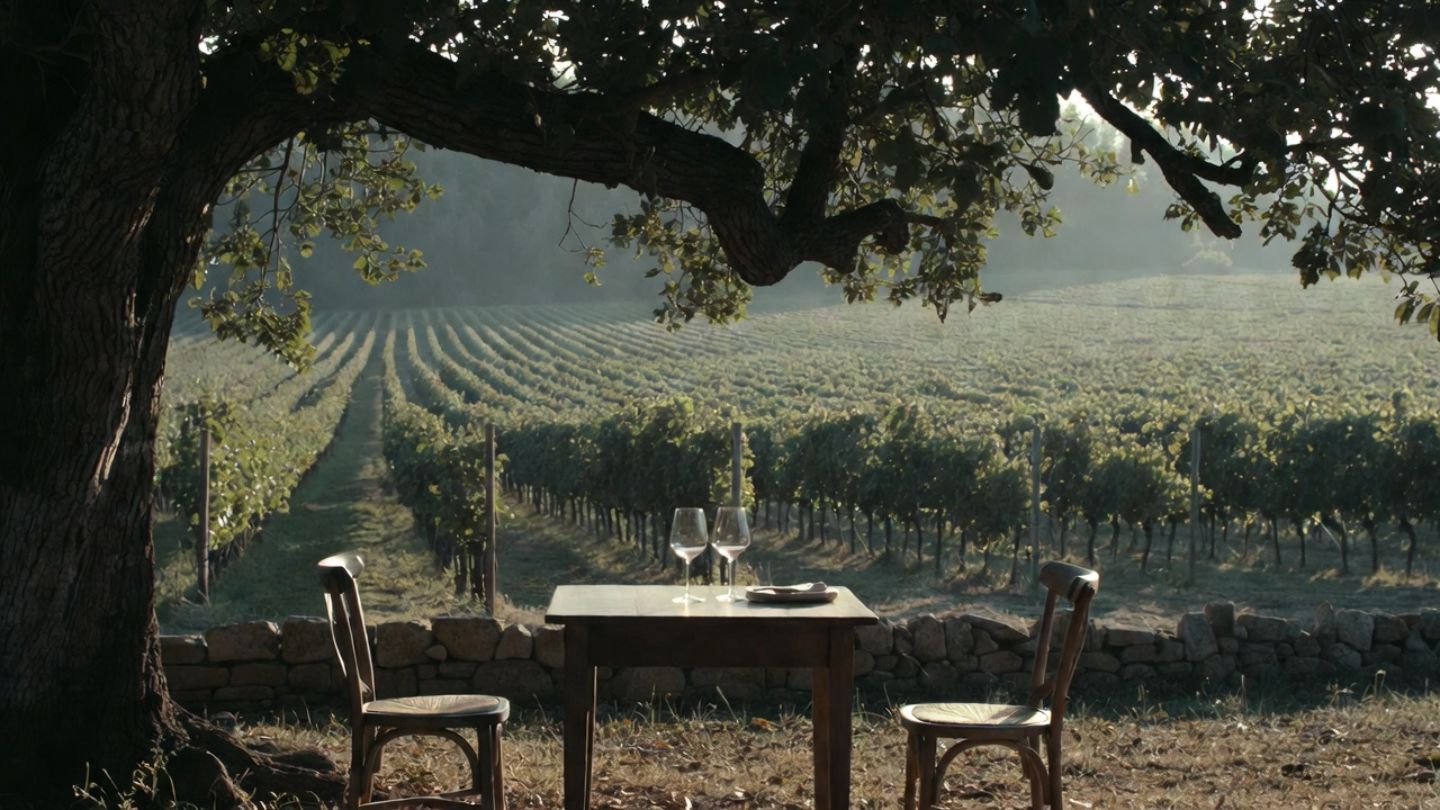Private outdoor wine tasting table for two in Napa Valley, set among vineyard rows in soft afternoon light.