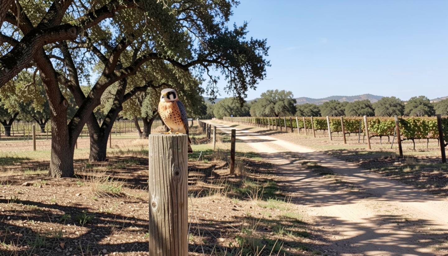 Red tailed hawk perched on a vineyard post along Silverado Trail in Napa Valley with oak trees and vineyard rows behind it.