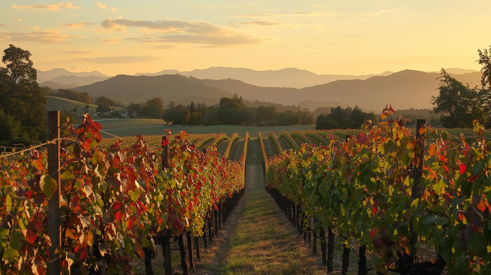 Vineyard on the Rutherford Bench in Napa Valley with green cover crops growing between vine rows and the Mayacamas Mountains in the background during golden afternoon light.