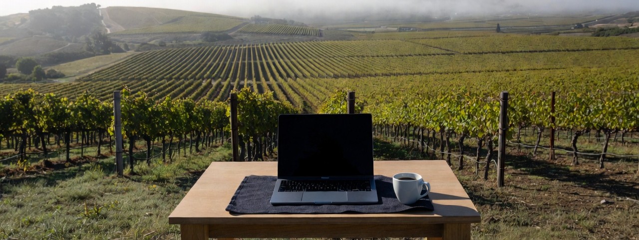 Laptop and coffee on a table overlooking Napa Valley vineyards in Rutherford during a quiet midmorning, showing a peaceful remote work setting with fog lifting from the valley.