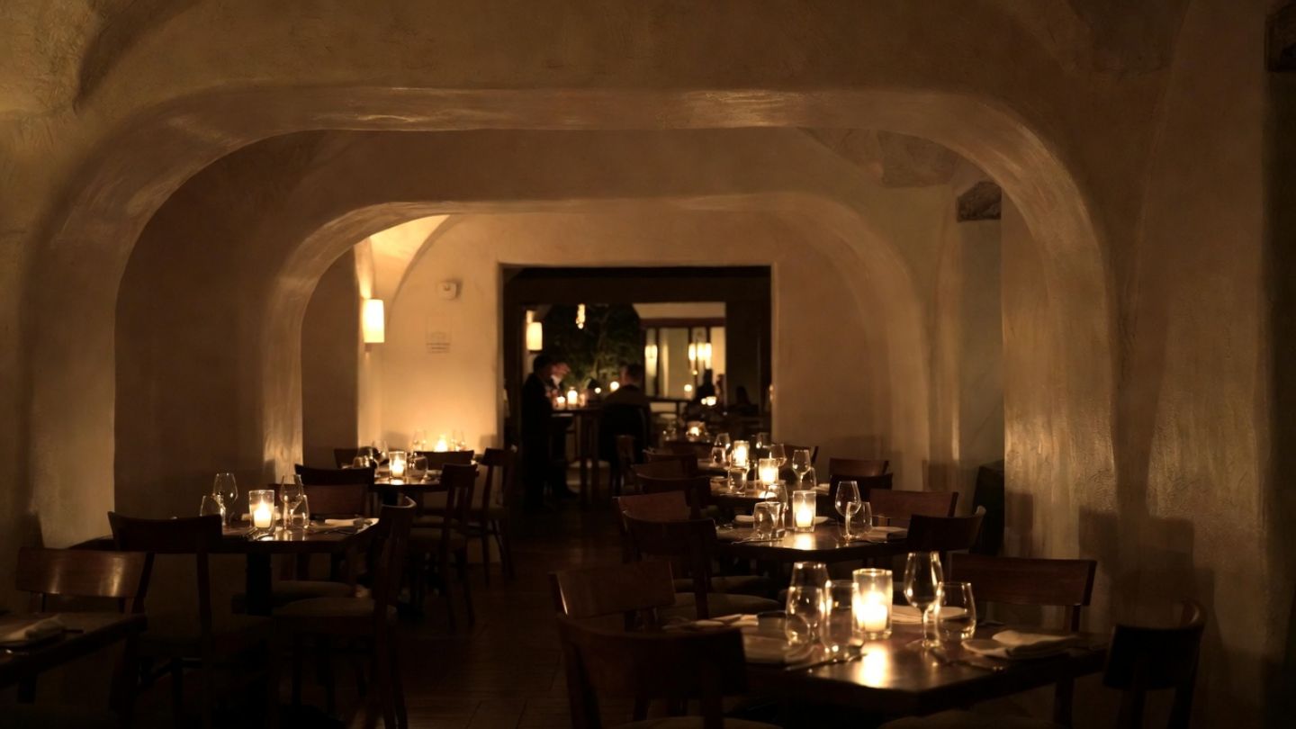 Candlelit dining room in Napa Valley with warm light and intimate table spacing, creating a romantic evening atmosphere for Peninsula travelers.