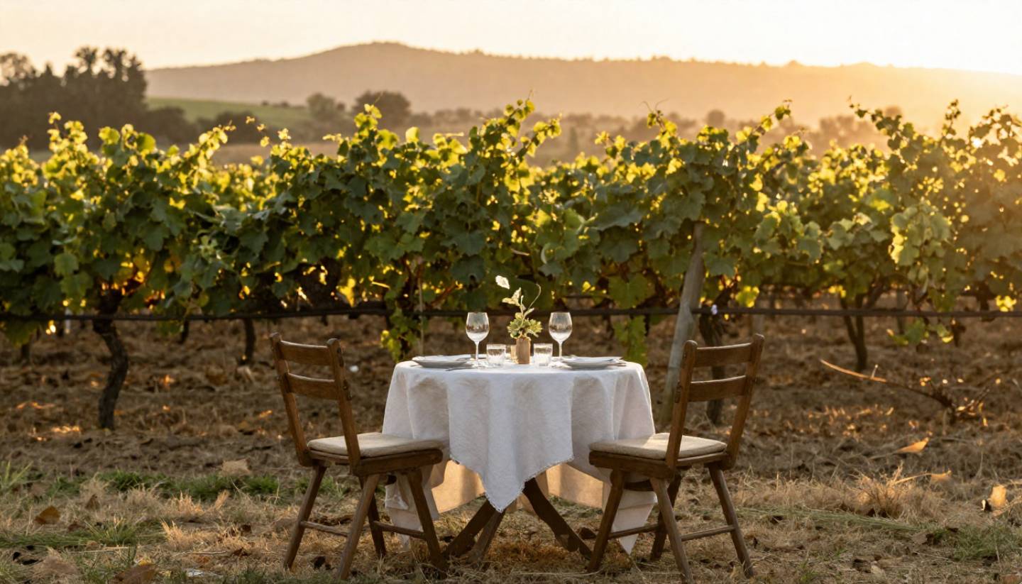 A small table set for two in a Napa Valley vineyard at sunset, with soft golden light over the vines and candles creating a quiet, romantic atmosphere.
