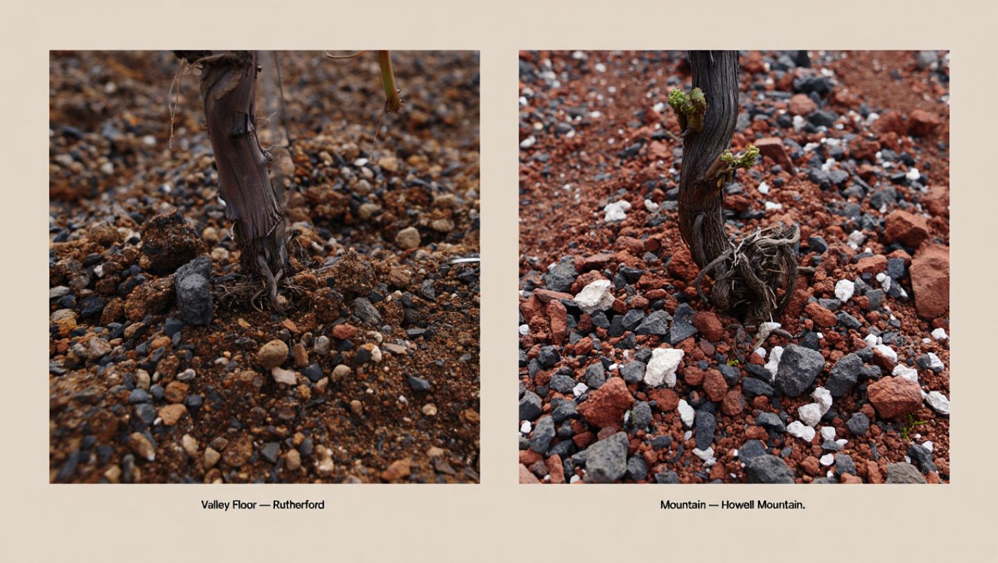 Comparison of gravelly Rutherford benchland vineyard soil and rocky volcanic soil from Howell Mountain in Napa Valley.