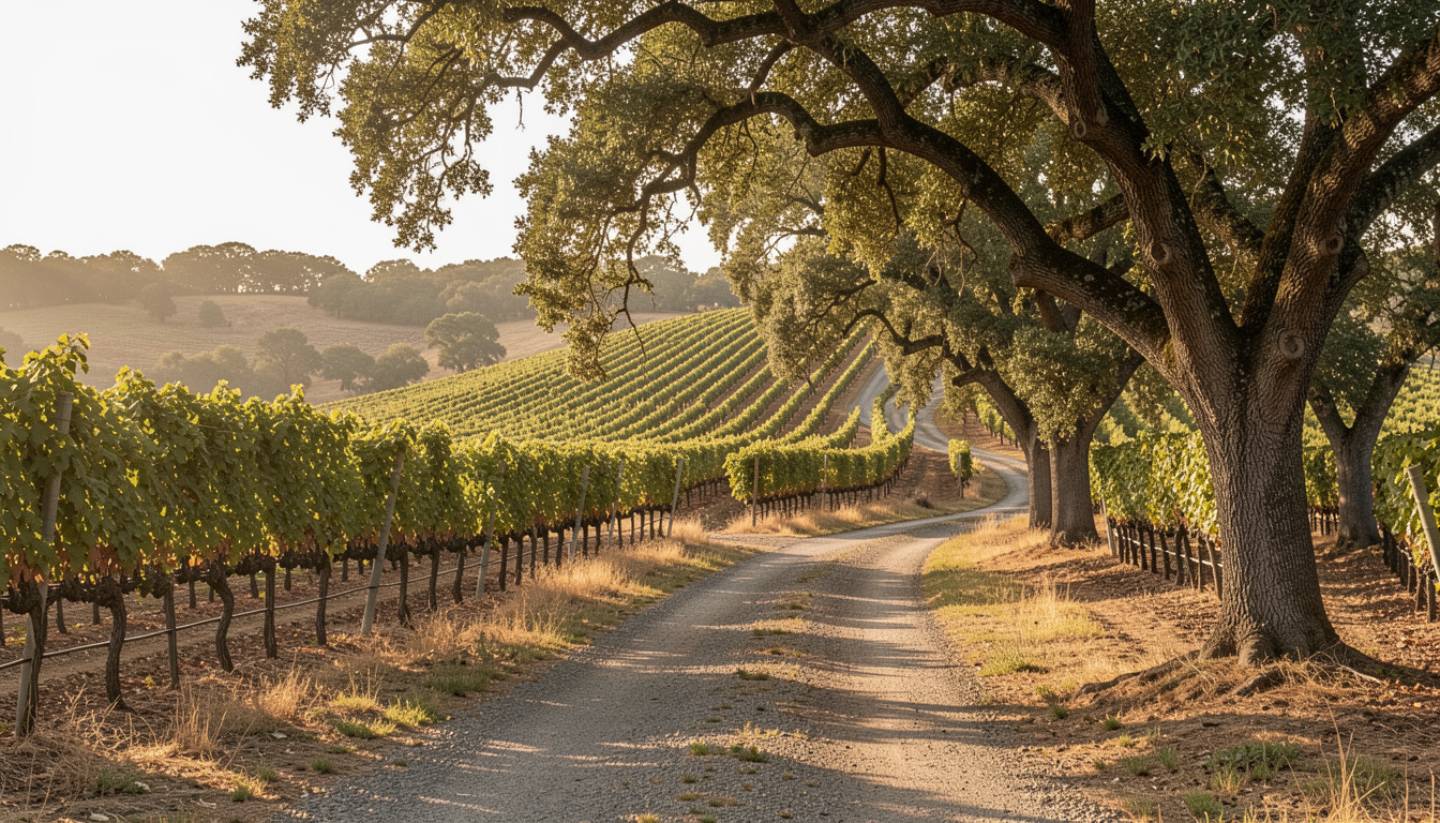 Quiet vineyard back road in Napa Valley’s Rutherford Benchlands, showing oak trees, vineyard rows, and a peaceful rural setting away from main highways.