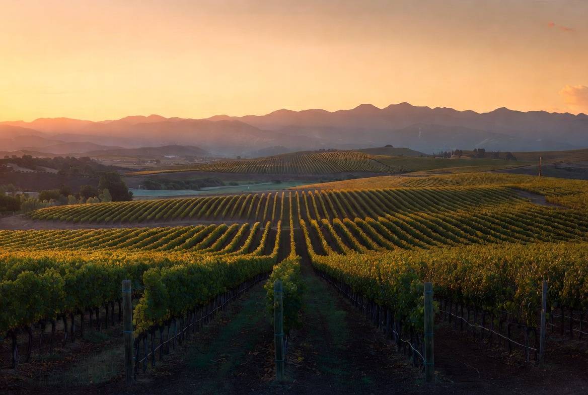 Vineyard rows on the Rutherford benchlands in Napa Valley during early evening Cabernet light, with the Mayacamas mountains in the background, representing slow travel and meaningful wine country experiences.