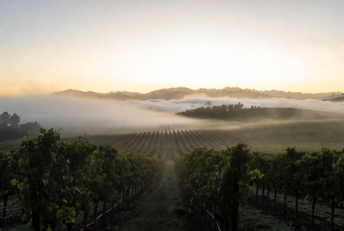 Morning fog over vineyard rows on the Rutherford benchlands in Napa Valley, with soft light and distant hills, representing quiet reflection and slow travel journaling.
