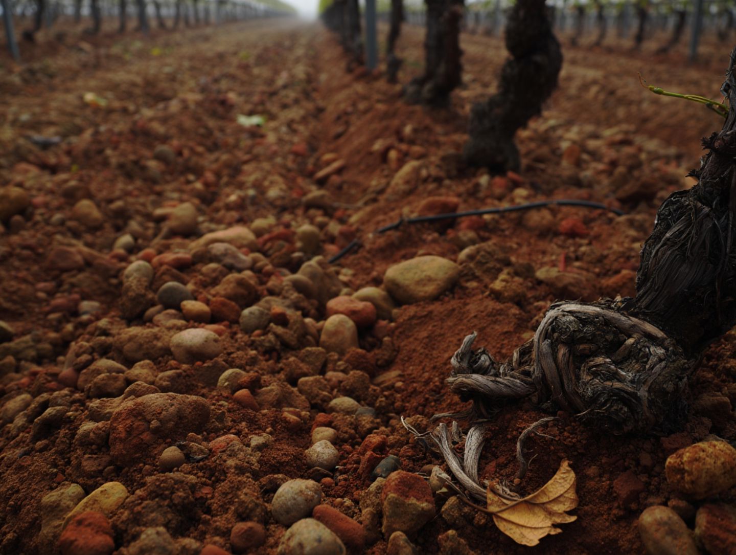Close view of vineyard soil and vine roots in Rutherford Napa Valley with morning fog over the benchlands in the background.