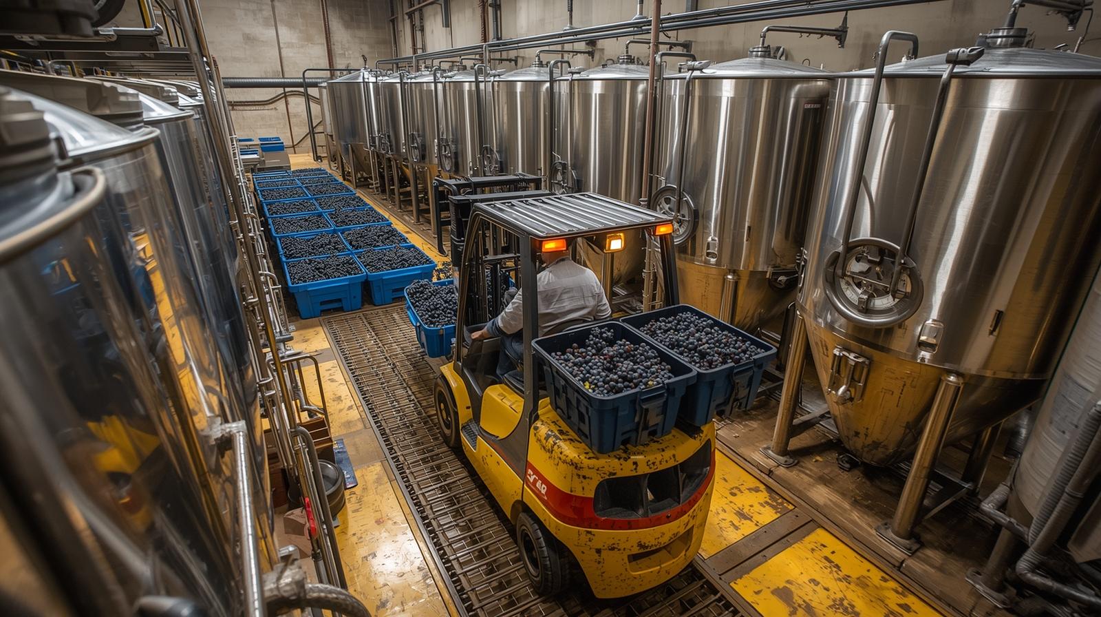Harvest activity on a crush pad in Rutherford Napa Valley with forklift and stainless steel tanks, showing winery construction design and grape processing workflow.