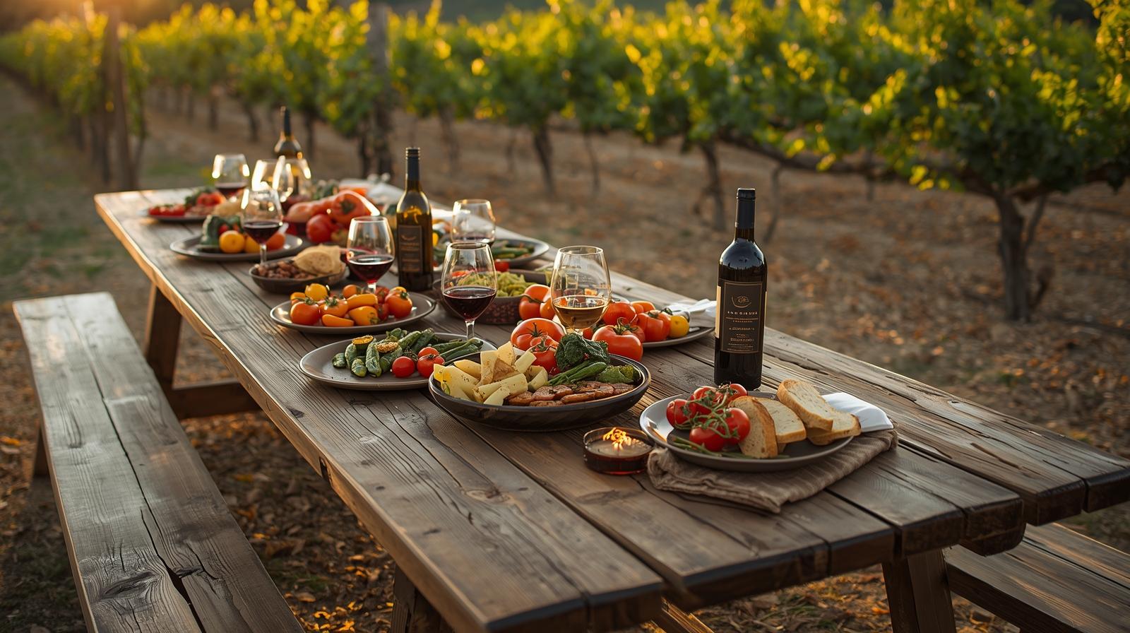 Outdoor harvest dinner set beside vineyard rows in Rutherford Napa Valley, featuring seasonal vegetables and Cabernet wine, representing farm to table food identity in Napa.