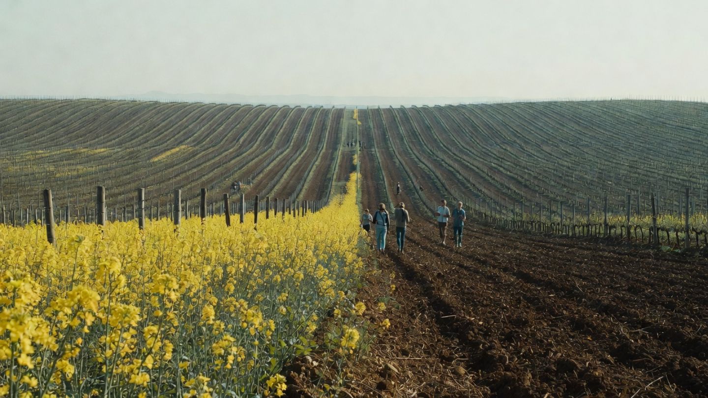 Spring mustard bloom in Rutherford Napa Valley with visitors walking vineyard paths during seasonal festival events.