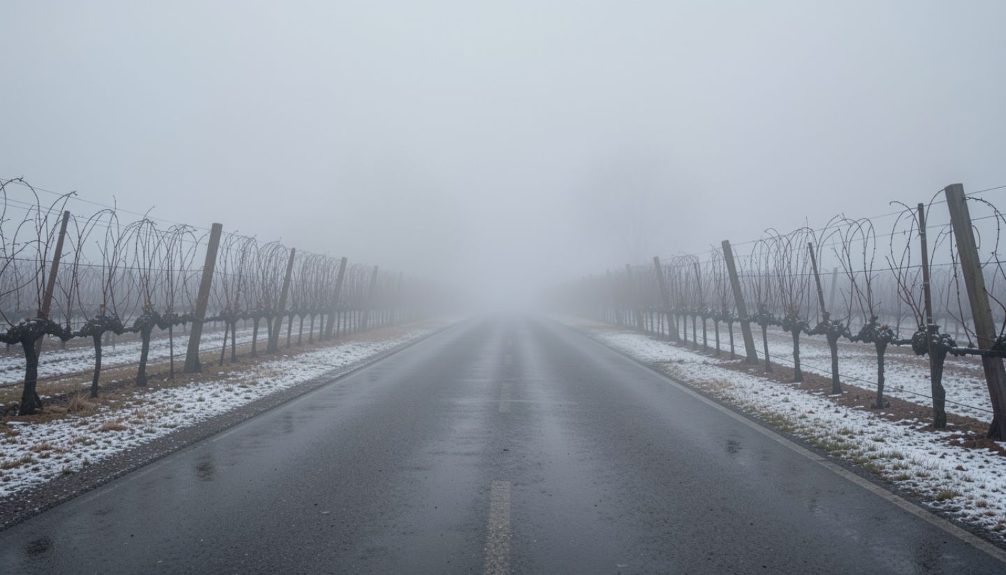 Foggy winter morning in Rutherford Napa Valley with bare vineyard rows and light rain along Silverado Trail under soft gray skies.
