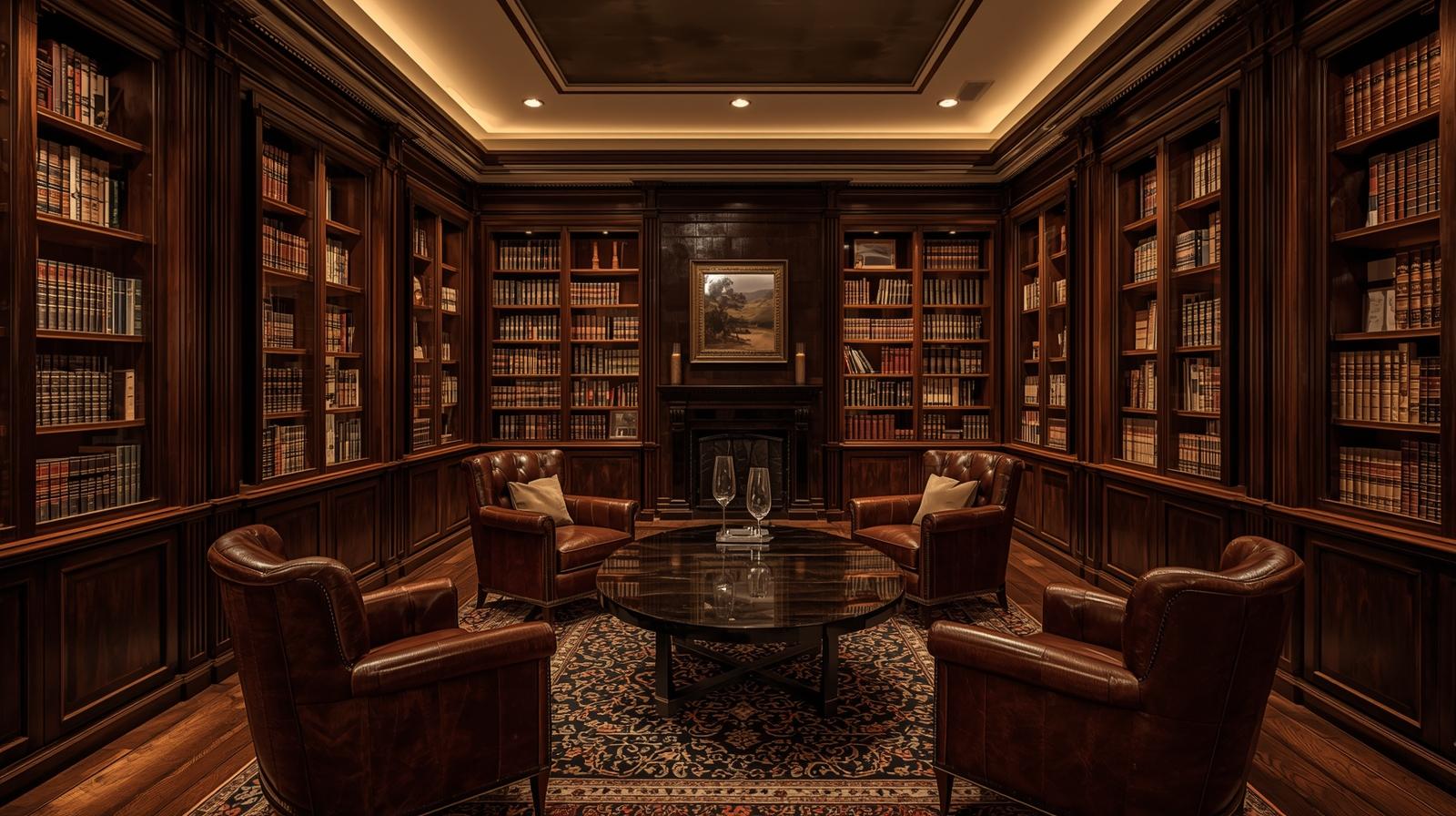 Private library-style meeting room inside a Rutherford Napa Valley estate winery with leather chairs, bookshelves, and a central table prepared for a confidential family council.
