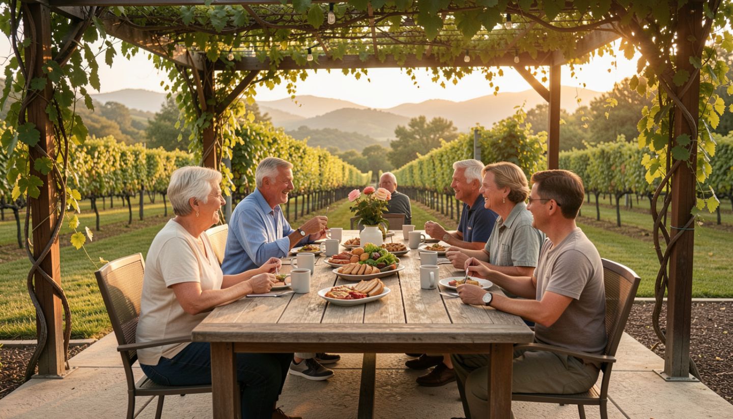 Multi generational family gathered around a long outdoor table at a vineyard in Napa Valley with vineyard rows and hills in the background.