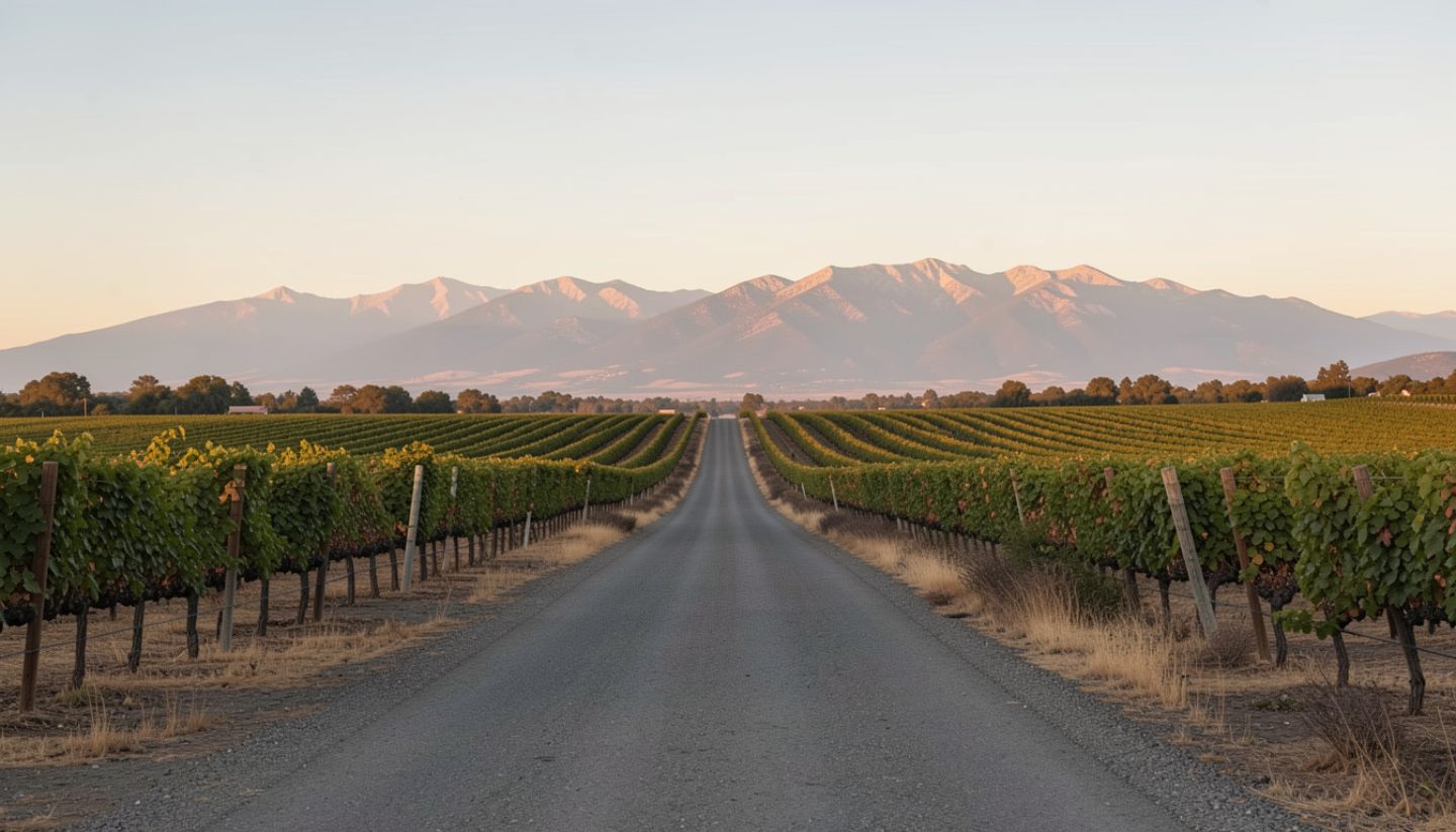 Quiet stretch of Silverado Trail in Napa Valley with vineyard rows and mountains in warm late afternoon light.