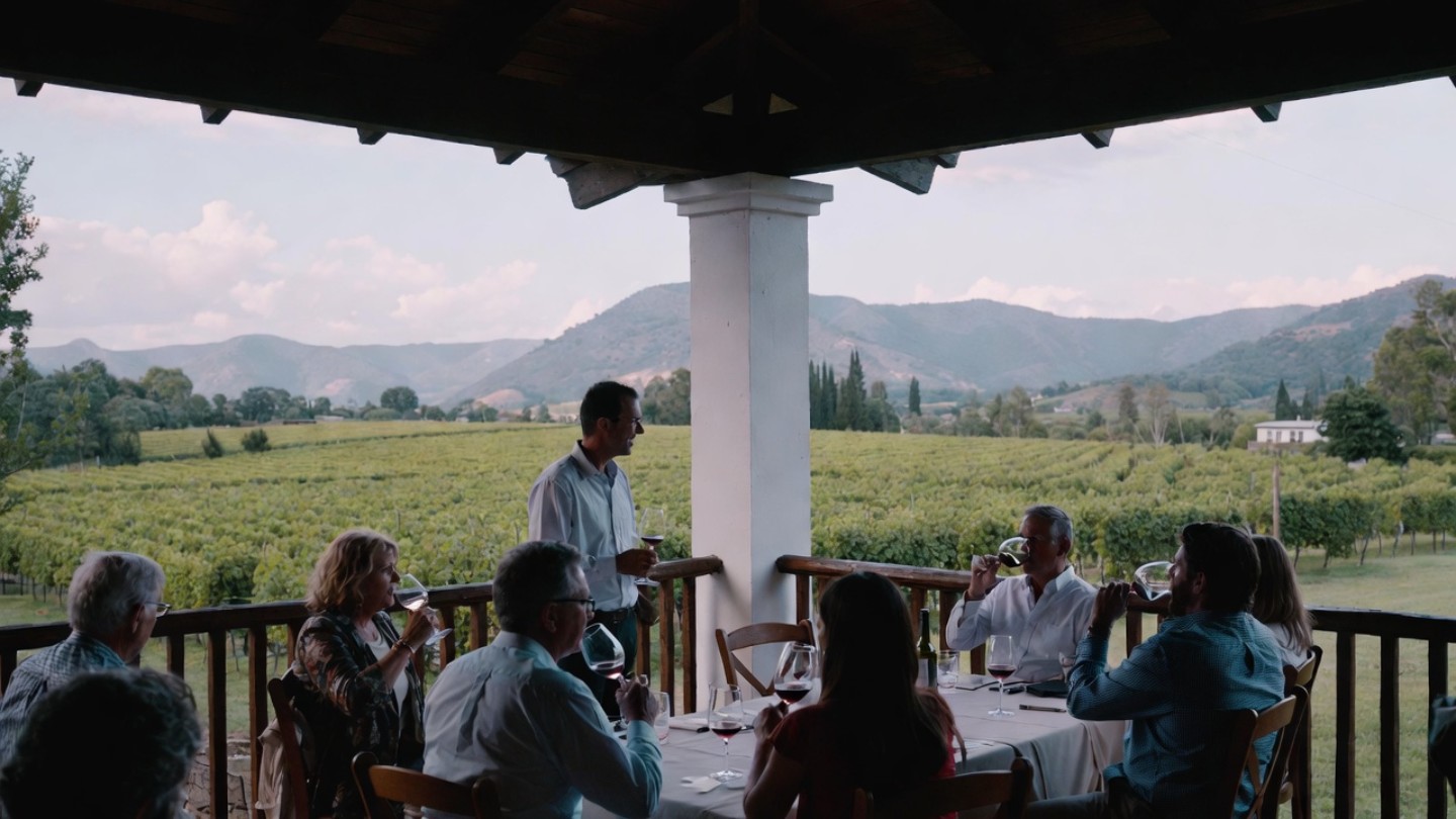 A seated winery tasting on a shaded terrace with vineyard views. A mix of parents and adult children sit together, glasses on the table, listening to a host. Calm midweek atmosphere.