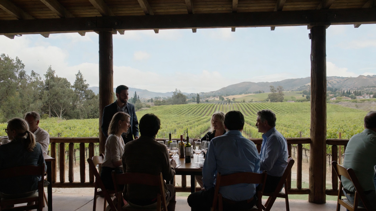  A seated winery tasting along Silverado Trail in Napa Valley with a small group gathered at one table, highlighting a relaxed wine tasting experience suited for investor retreats.