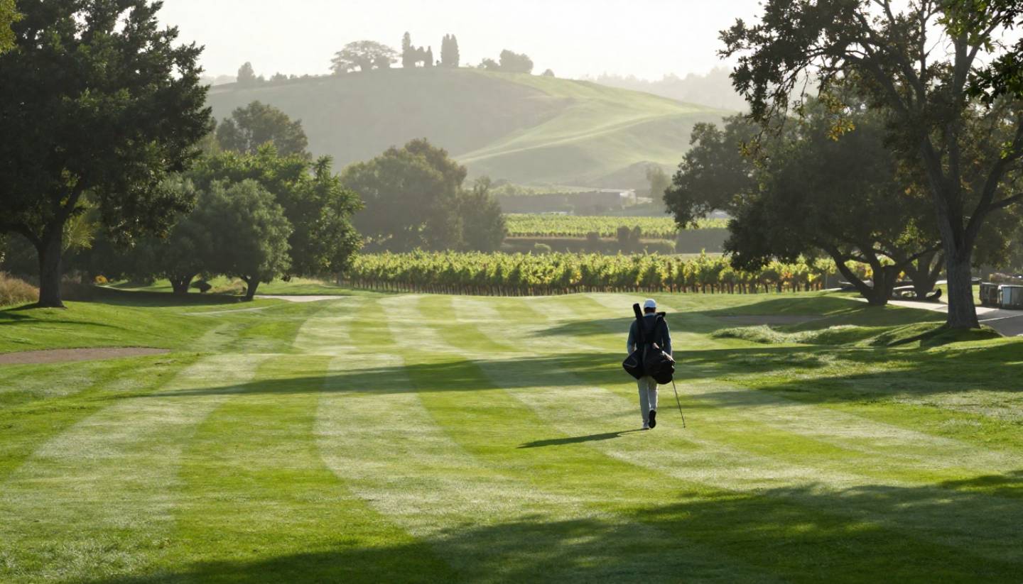 Early morning fairway at Silverado Resort in Napa Valley with a golfer walking through soft light and vineyard hills in the distance.