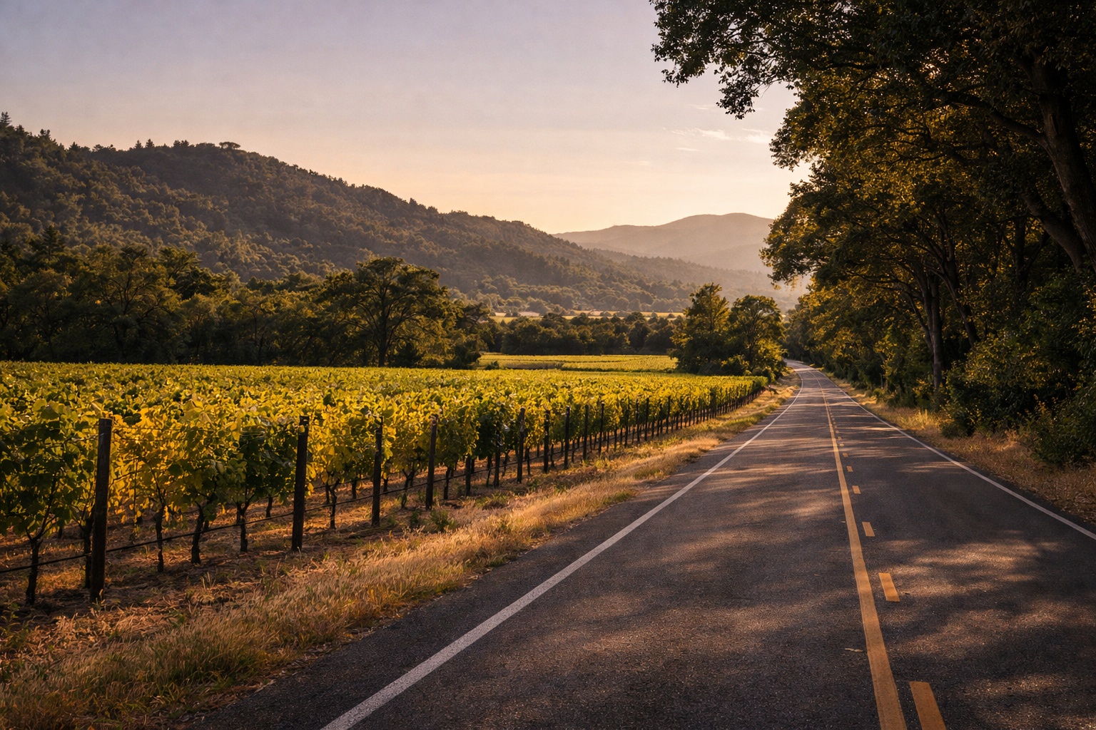 Silverado Trail in Napa Valley during late afternoon with vineyard rows in warm light, representing a scenic drive that often follows a long lunch.