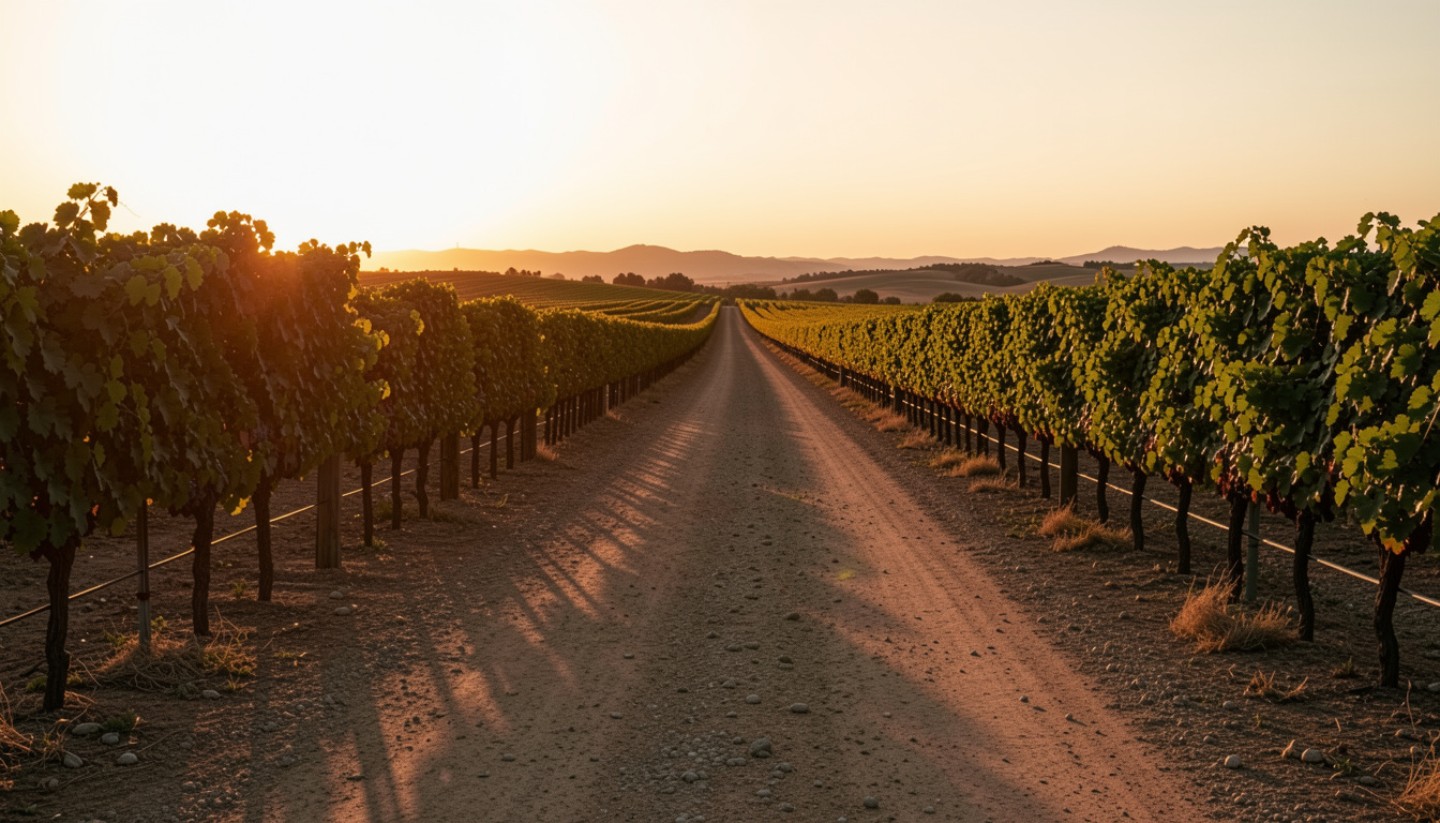 Late afternoon light along Silverado Trail in Napa Valley with vineyard rows, illustrating return visits, routine, and developing a personal relationship with place.