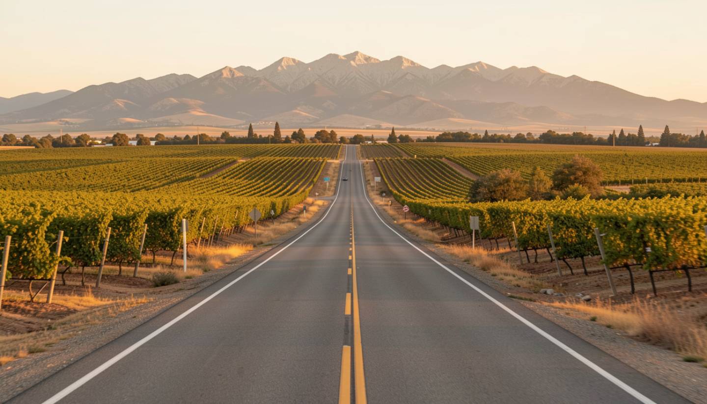 Scenic drive along Silverado Trail in Napa Valley with vineyard rows and mountains, leading toward Calistoga hot springs and spa resorts.