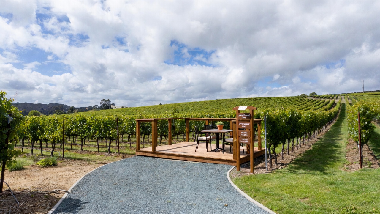Private estate wine tasting terrace along Silverado Trail in Napa Valley with vineyard rows in the background, illustrating appointment-based direct-to-consumer hospitality.
