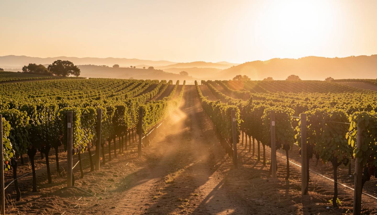 Golden hour sunlight casting long shadows across vineyard rows along Silverado Trail in Napa Valley, highlighting texture, depth, and late-day light.