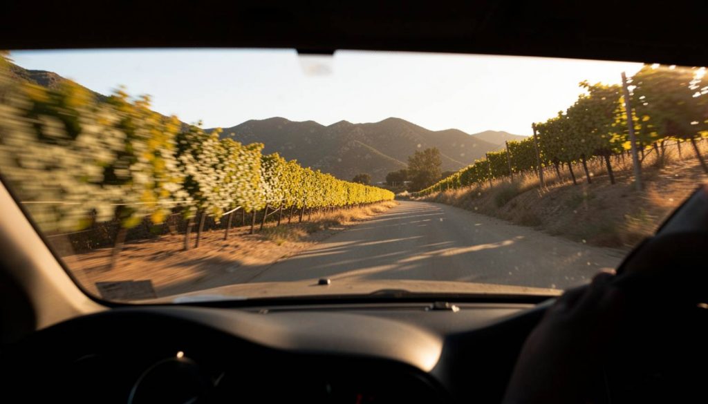 Late afternoon light along Silverado Trail in Napa Valley, with vineyards and distant mountains glowing softly as the day cools and traffic is minimal.