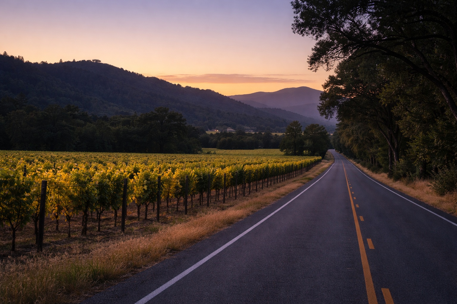 Vineyard rows along Silverado Trail in Napa Valley at dusk, showing the quiet transition into evening after sunset.