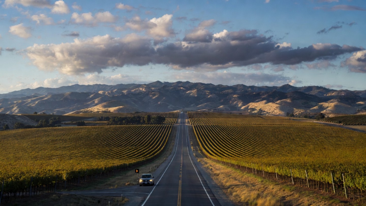 Scenic drive along Silverado Trail in Napa Valley during late afternoon, symbolizing a relaxed family trip across generations.