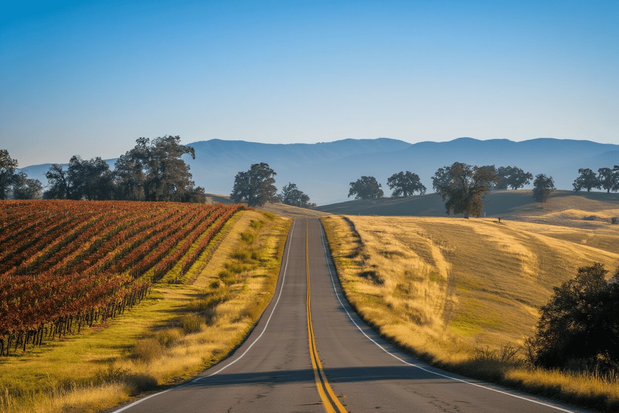  “Scenic view along the Silverado Trail in Napa Valley with vineyards and hills, illustrating a low traffic, low stimulation drive suited for restful travel.”