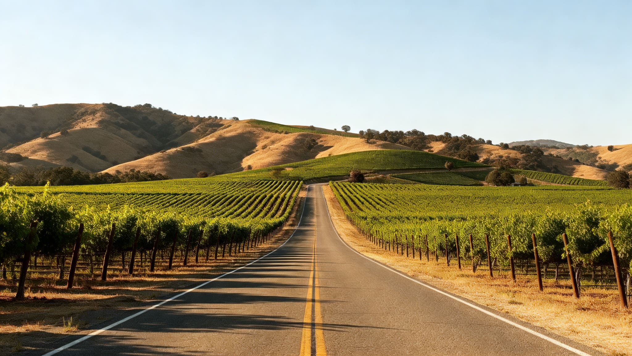 A quiet vineyard road along the Silverado Trail in Napa Valley with vine rows and open space, conveying reflective travel, humility, and connection to land and community.
