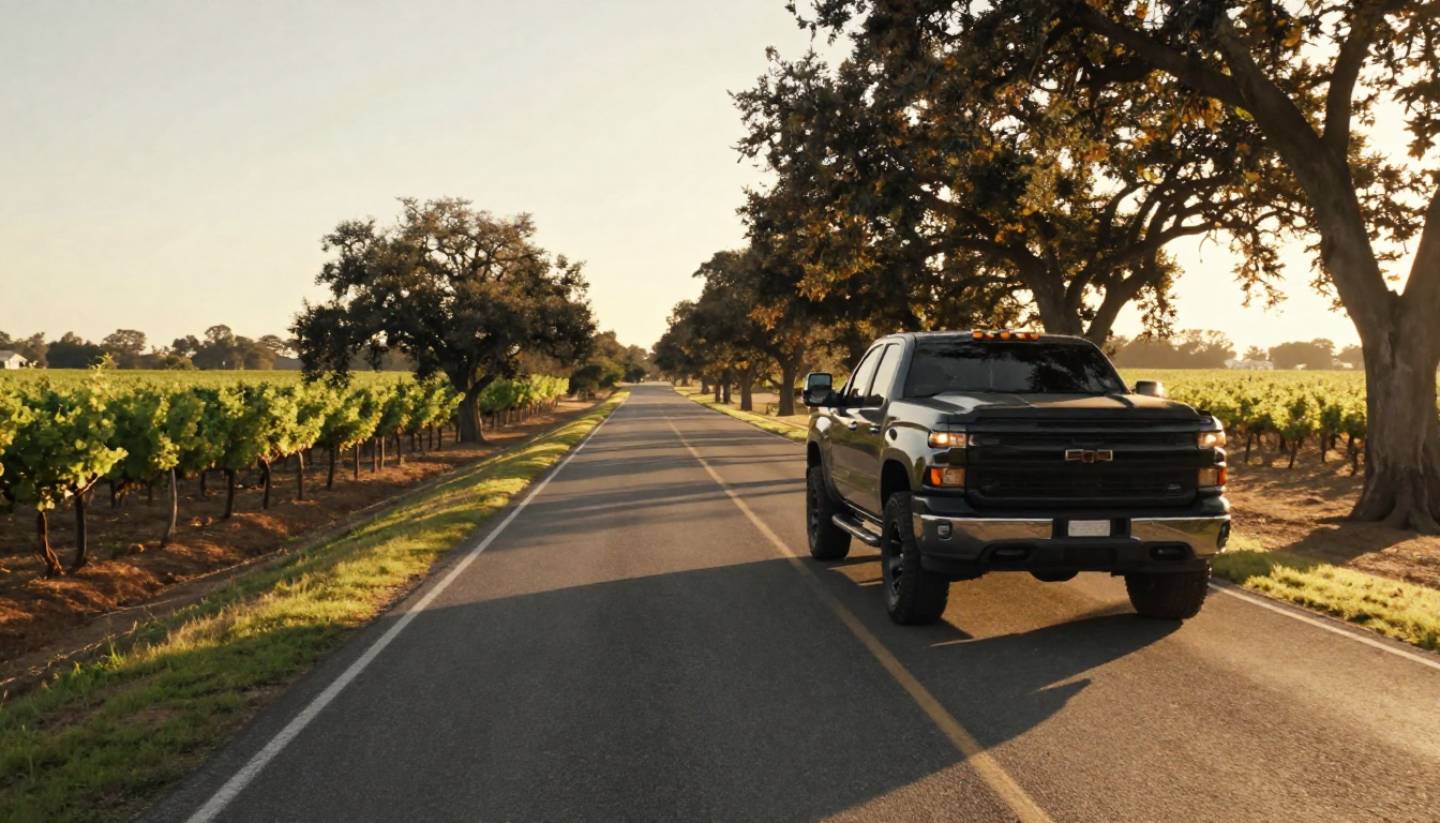 Quiet stretch of Silverado Trail in Napa Valley with vineyards and oak trees during late afternoon light.