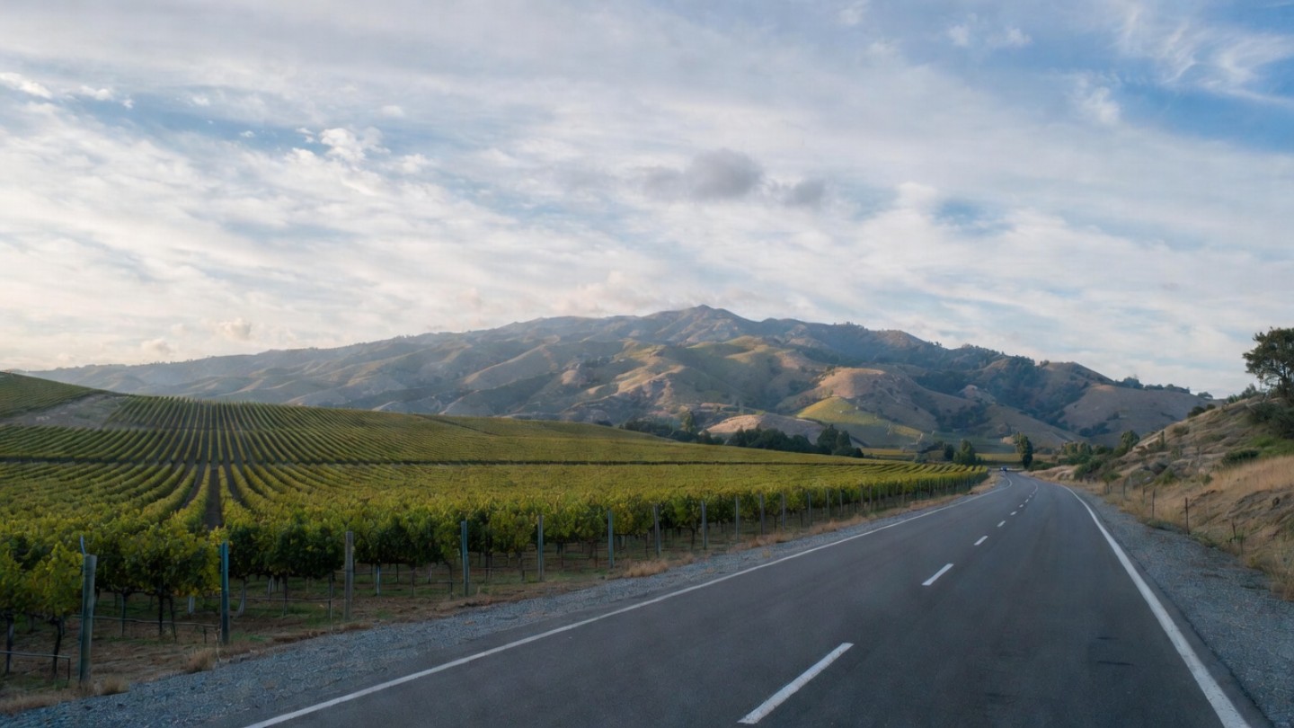  Silverado Trail in Napa Valley running along vineyard rows with the Vaca Range in the background, illustrating the quieter eastern route used to navigate the valley.