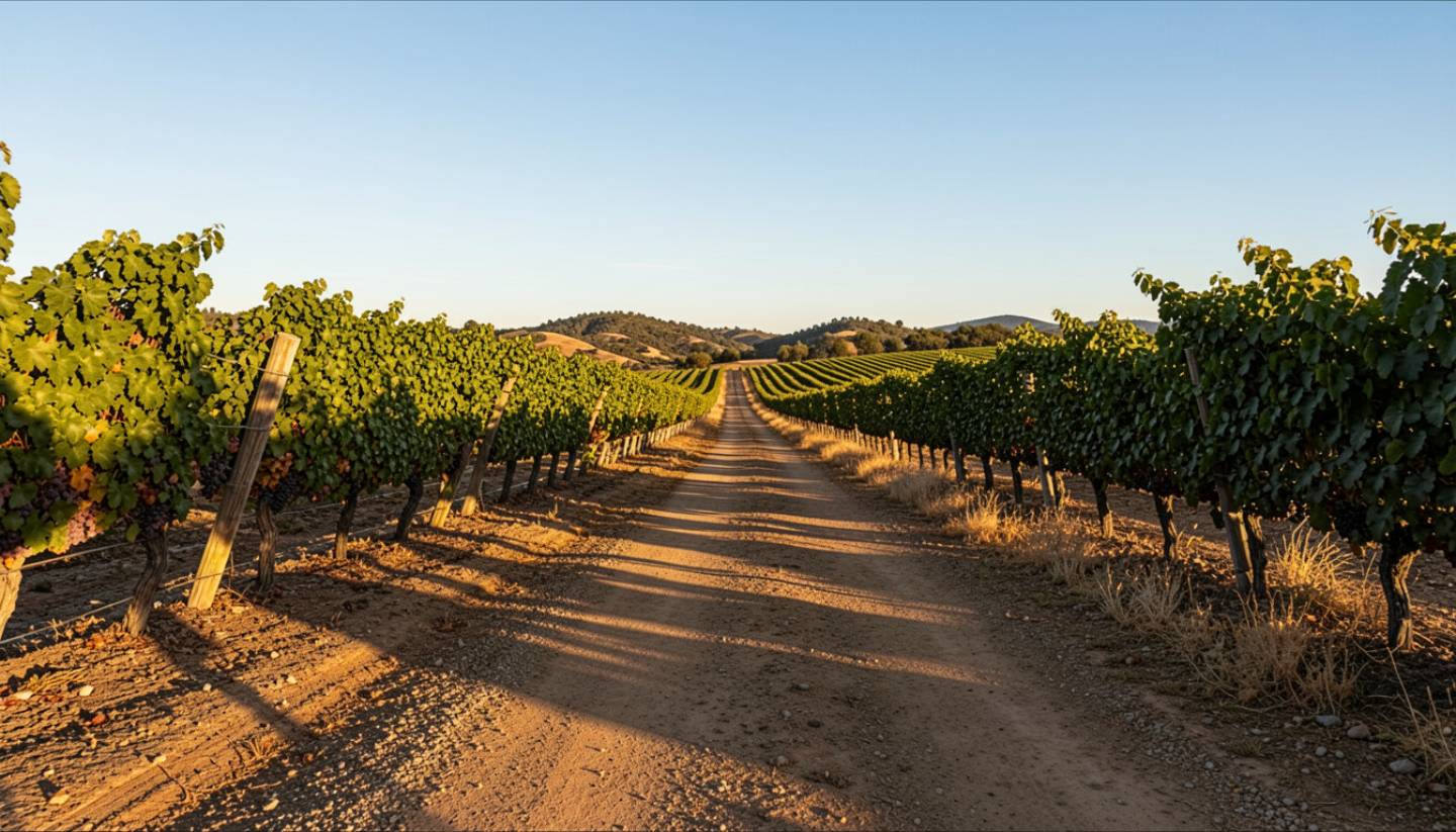 Evening light along Silverado Trail in Napa Valley with vineyard rows and open sky, symbolizing perspective, continuity, and depth over flash.