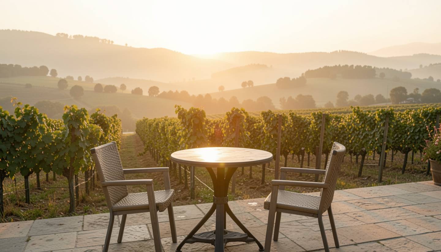 A calm vineyard terrace in Napa Valley during late afternoon light, representing familiarity, repetition, and meaningful rituals formed over time.