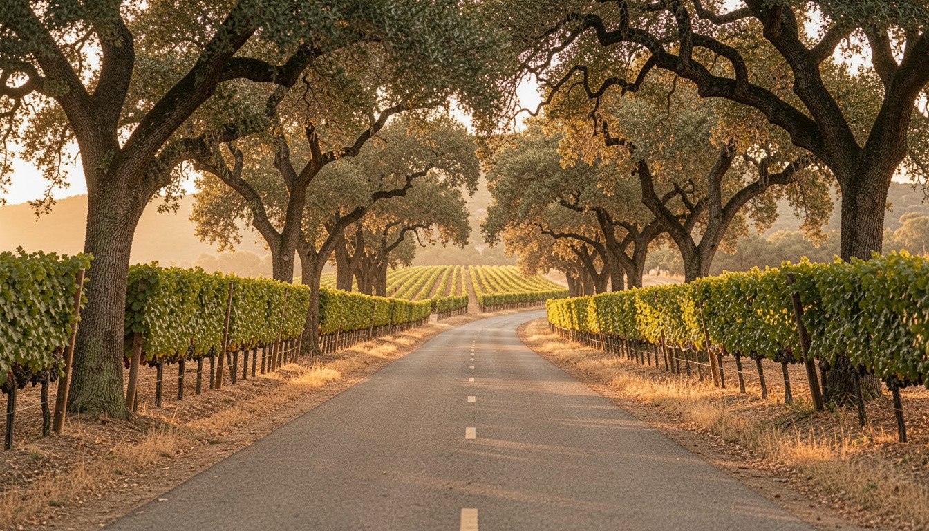 Scenic drive along Silverado Trail in Napa Valley with vineyards and oak trees, reflecting a relaxed and thoughtful pace for family conversations.