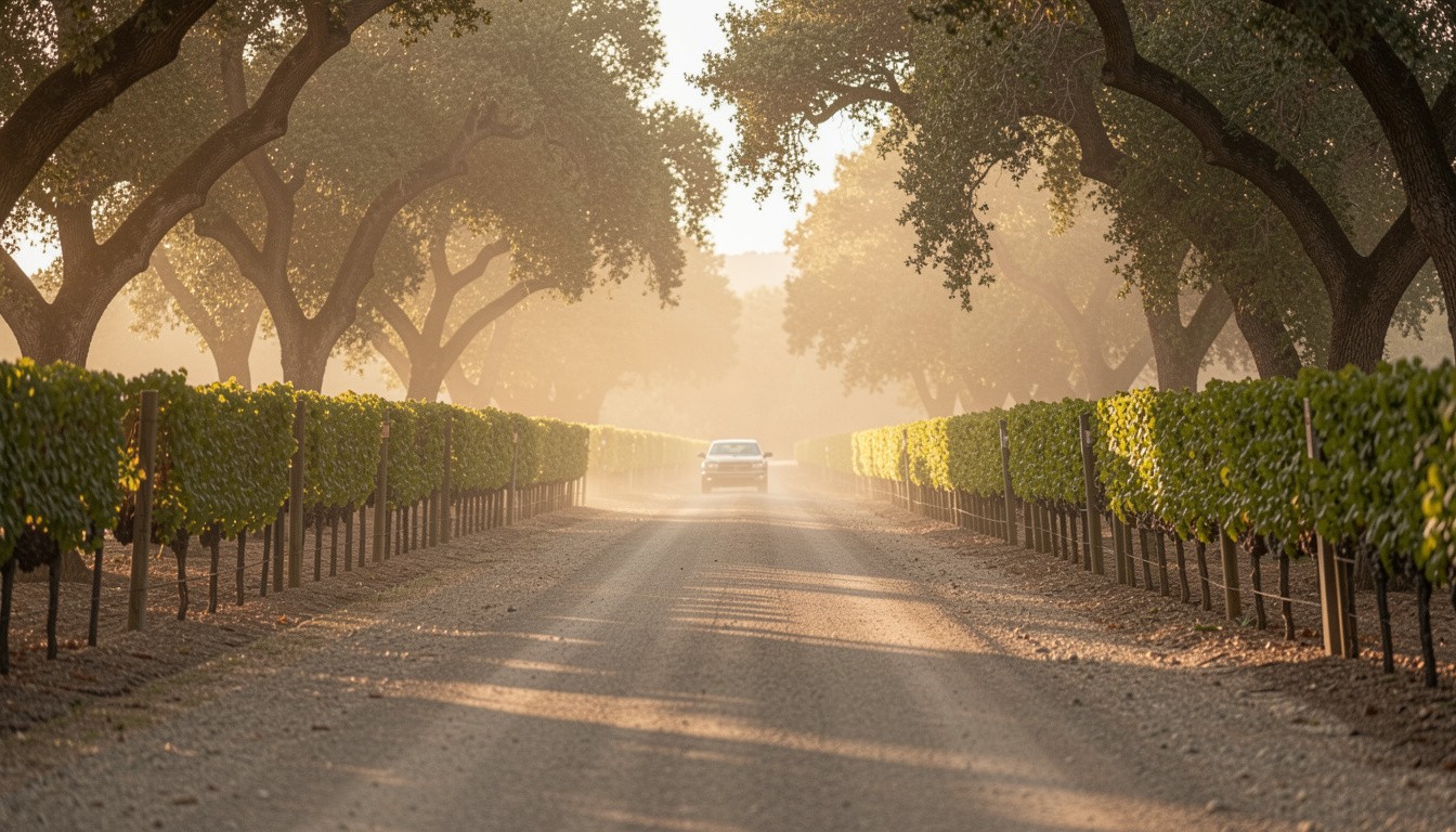 Scenic drive along Silverado Trail in Napa Valley with vineyards and oak trees, reflecting a gentle and confidence-building return to travel.