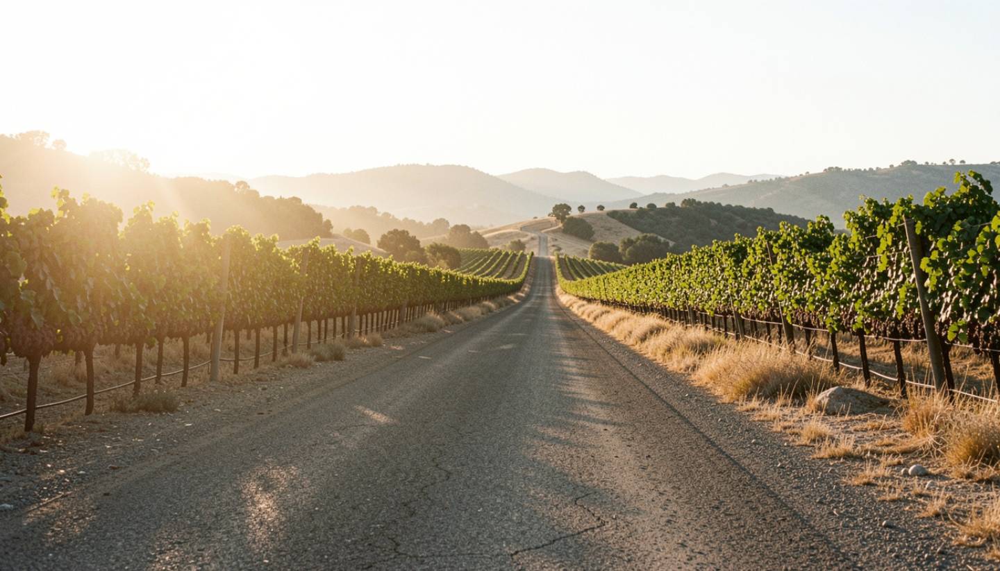 Late afternoon drive along Silverado Trail in Napa Valley with vineyards on both sides, symbolizing pause and transition before a big move.