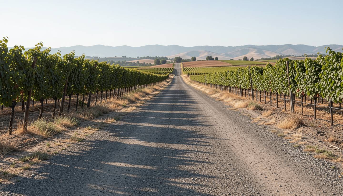 Empty stretch of Silverado Trail in Napa Valley during early afternoon, with vineyards on both sides, symbolizing calm and recovery after burnout.