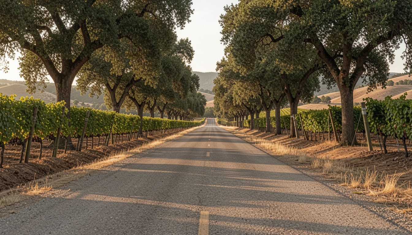 Empty stretch of Silverado Trail in Napa Valley with vineyards and oak trees, reflecting a slower pace and mental reset after a big project launch.