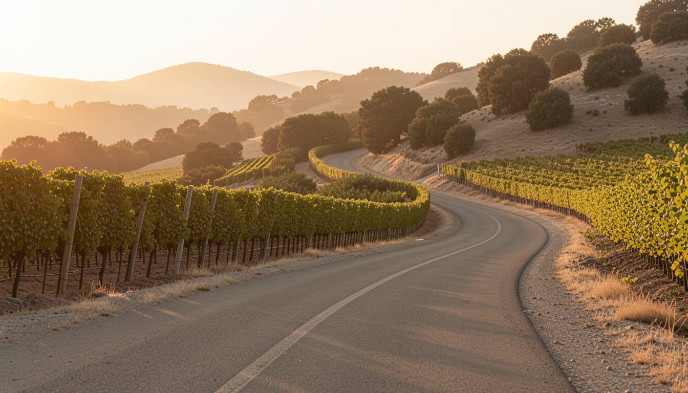 Scenic drive along Silverado Trail in Napa Valley with vineyards and hills, often chosen by friends for a quiet and reflective wine country experience.