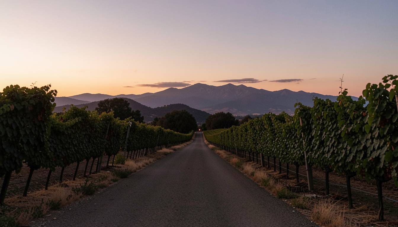 Scenic drive along Silverado Trail in Napa Valley with vineyards and hills, often chosen for quiet group travel during a grown-up celebration.