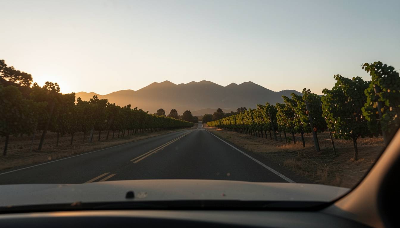 Scenic drive along Silverado Trail in Napa Valley with vineyards and mountains, often chosen for quiet reflection during a proposal weekend.